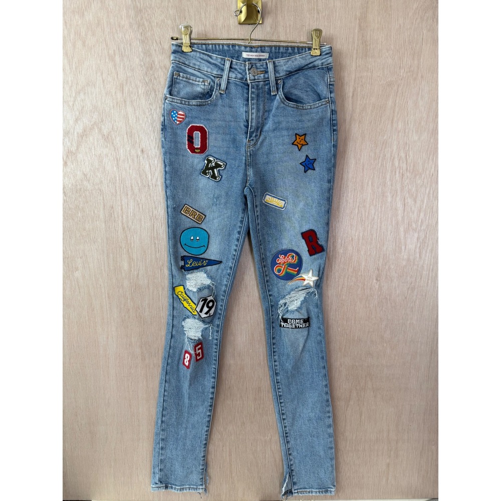 Levis 721 High Rise Skinny Jeans 27 Light Wash Retro Patches Distressed Denim